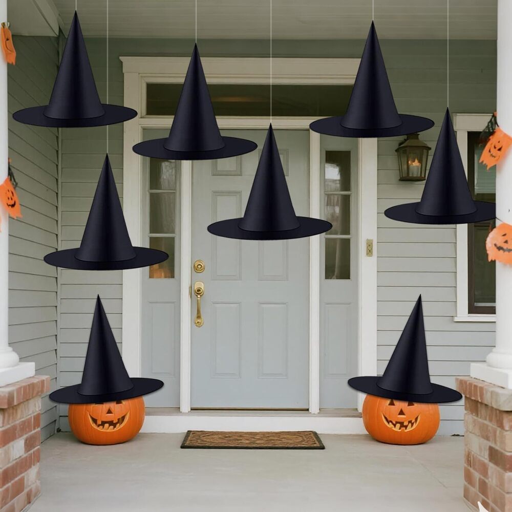 6415 8Pcs Halloween Witch Hats, Black HangingWitches Hat with 98 Ft Hanging
